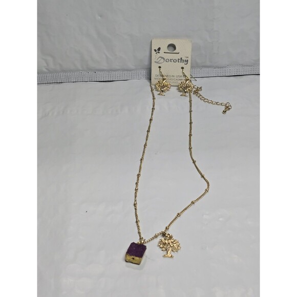 Jewelry - Dorothy Brand Gold Toned Necklace With Tree & Purple Block Charm & Earrings Set
